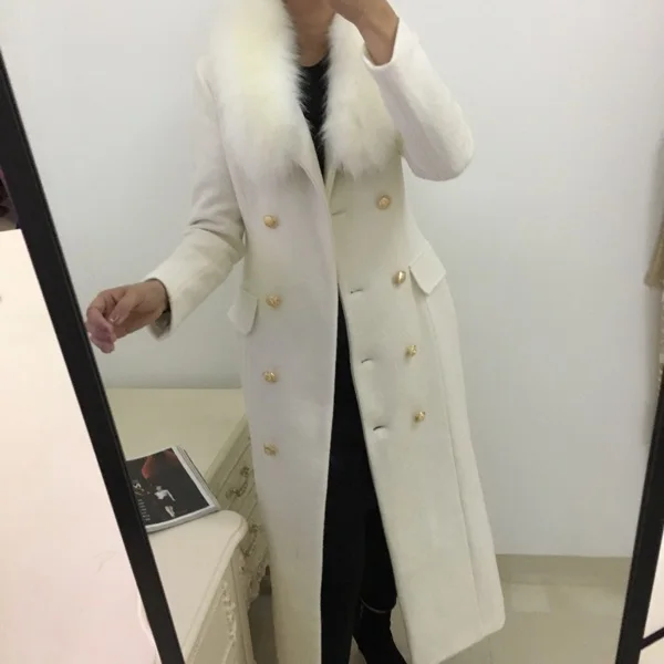 Зимнее модное женское Шерстяное Пальто белое шерстяное пальто с большим меховым
