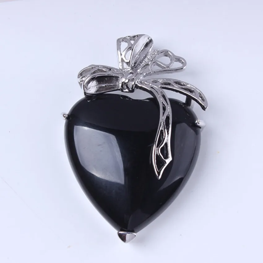 Black Agates Трендовые романтические бусины с серебряным покрытием, много стильных каменных сердец с шелковой лентой, подвеска на День святого Валентина, ювелирные изделия - Окраска металла: Black Agates
