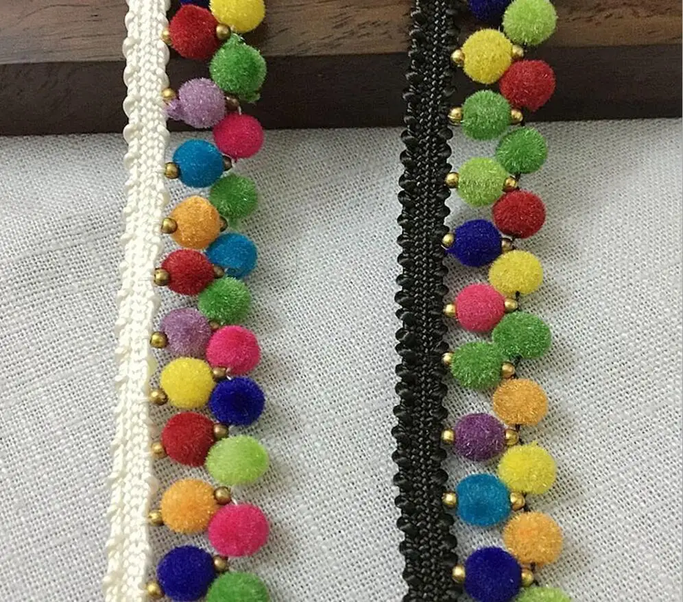 3Yard White/Black Colorful Pompoms Beaded Lace Fabric Trim Ribbon For Apparel Sewing DIY Collar Doll Cap Hair clip | Дом и сад