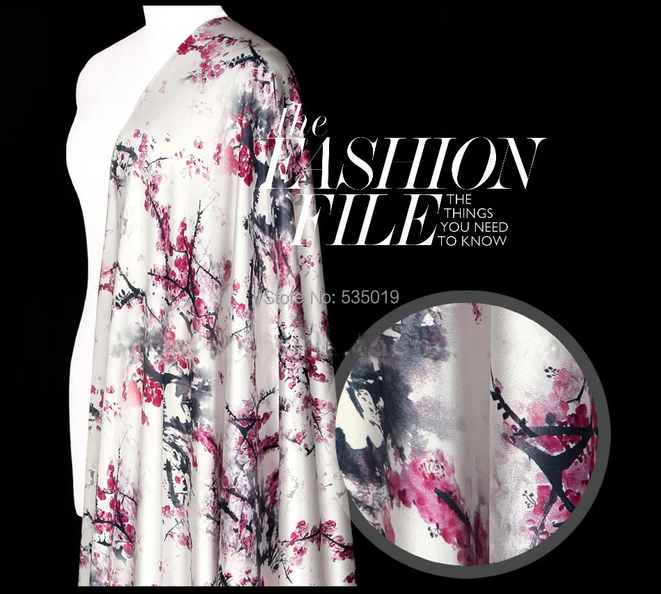 Высококачественная Розовая атласная ткань с принтом цветов сливы 97% шелковая 3%