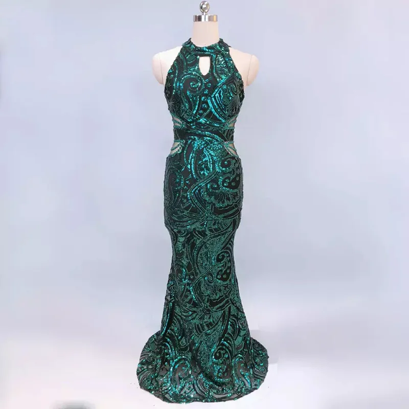 

D051 rose gold sequined halter neck hollow out keyhole floor length mermaid dress