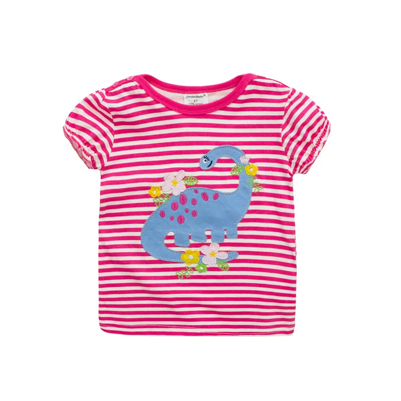 Летние футболки для девочек брендовые в полоску с аппликацией динозавра прыжков