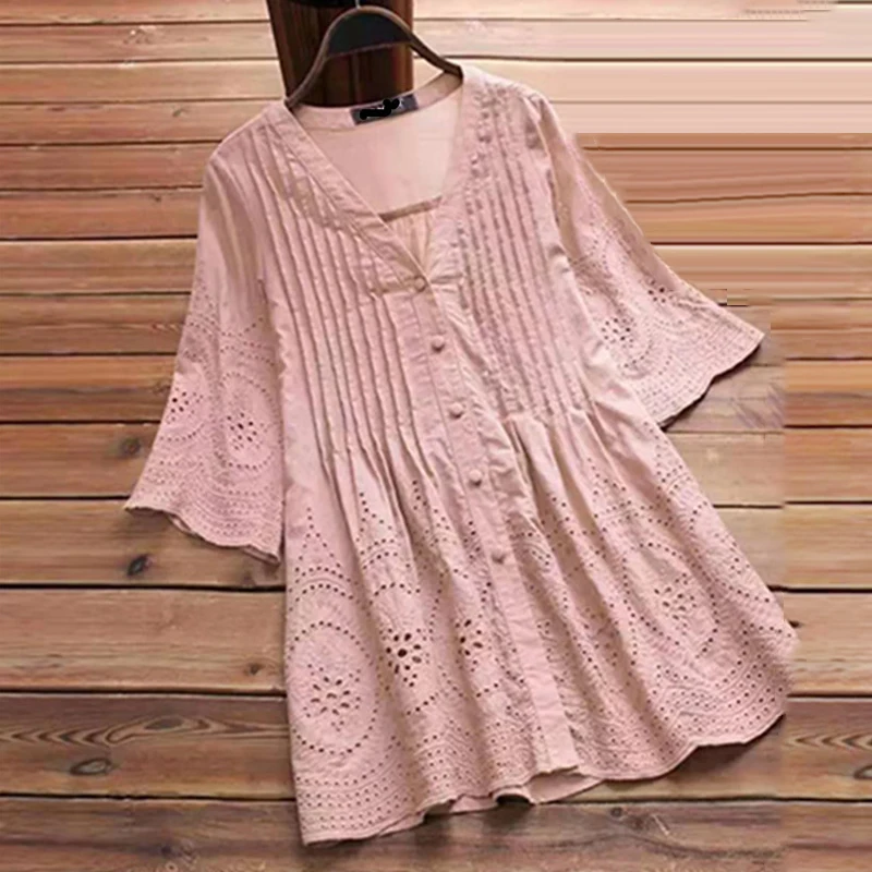 Свободные топы Блузка мешковатая Туника выдалбливают плиссированные пуговицы