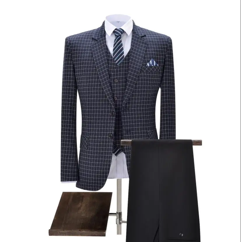 Navy 3 Pieces set Мужские костюмы из 3 предметов, облегающие деловые костюмы для жениха, ретро благородные Клетчатые Шерстяные смокинги для торжественных свадеб(Блейзер+ брюки+ жилет - Цвет: Navy 3 Pieces set