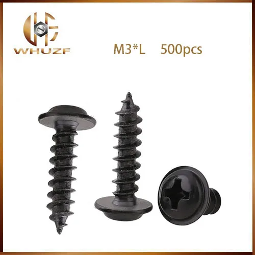 M3 Phillips круглая головка сковороды с шайбой саморезы нарезной болт болты черного цвета M3mm * L 500 шт M3 Phillips круглая головка сковороды с шайбой саморезы нарезной болт болты черного цвета M3mm * L 500 шт