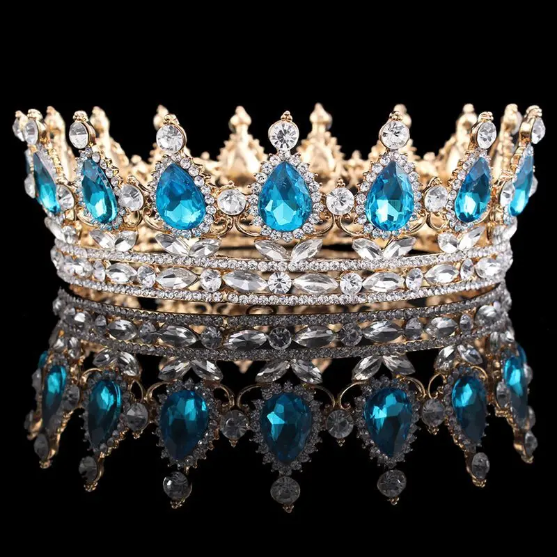 Gold Lake blue Большая диадема в стиле барокко, Королевская корона невесты, корона для женщин, головной убор, свадебные хрустальные диадемы и короны, ювелирные изделия для волос, аксессуары - Окраска металла: Gold Lake blue