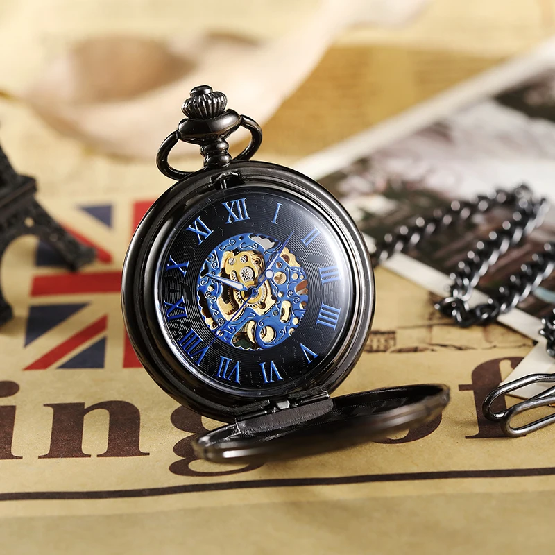 Механические, автоматические, ручные карманные часы для мужчин reloj de bolsillo флип черный чехол Fob цепи часы с ожерельем для мужчин s часы в подарочной коробке