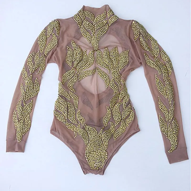 

Nude sexy backless mesh Bodysuit Performance Outfit Costume Party Celebrate Glisten Rhinestones Stretch Leotard Stage Wear