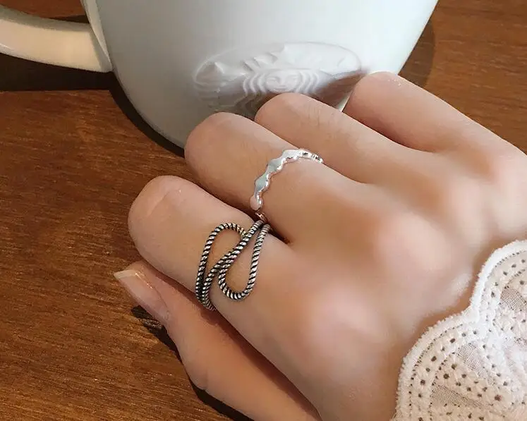

LycorisSmart Sterling Silver 925 elegant design minimalist Rope Winding Simple Stylish Cuff Open Adjustable Ring Woman Jewelry