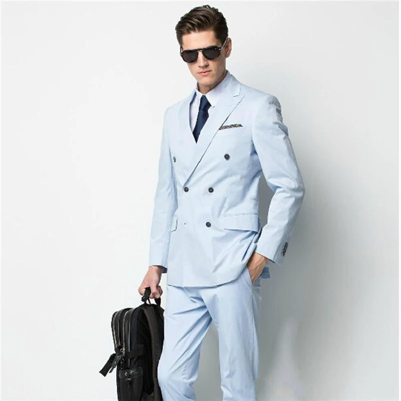 Fashion Blue Side Slit Men Slim Fit Prom Suits Casual Double Breasted Brand Blazer Suits Wedding Dinner Bespoke Suits