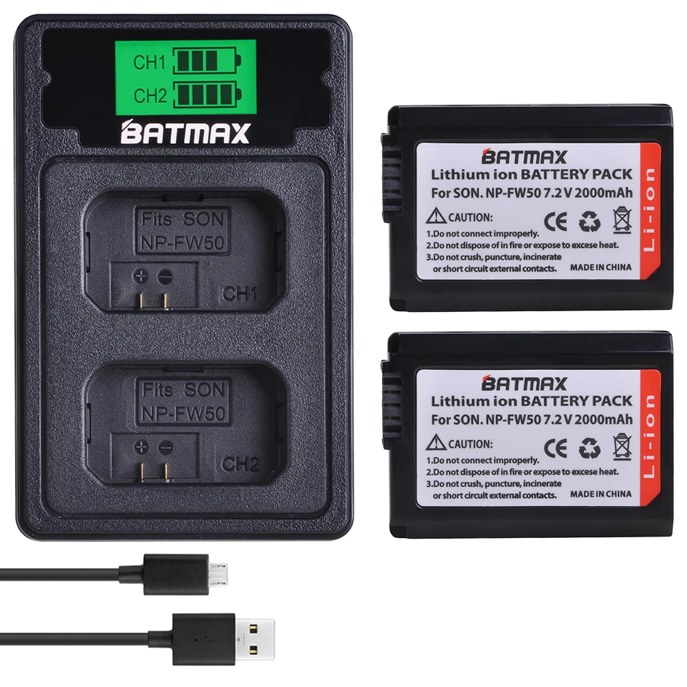 Аккумулятор Batmax NP FW50 np fw50 + двойное зарядное устройство USB с ЖК дисплеем и кабелем