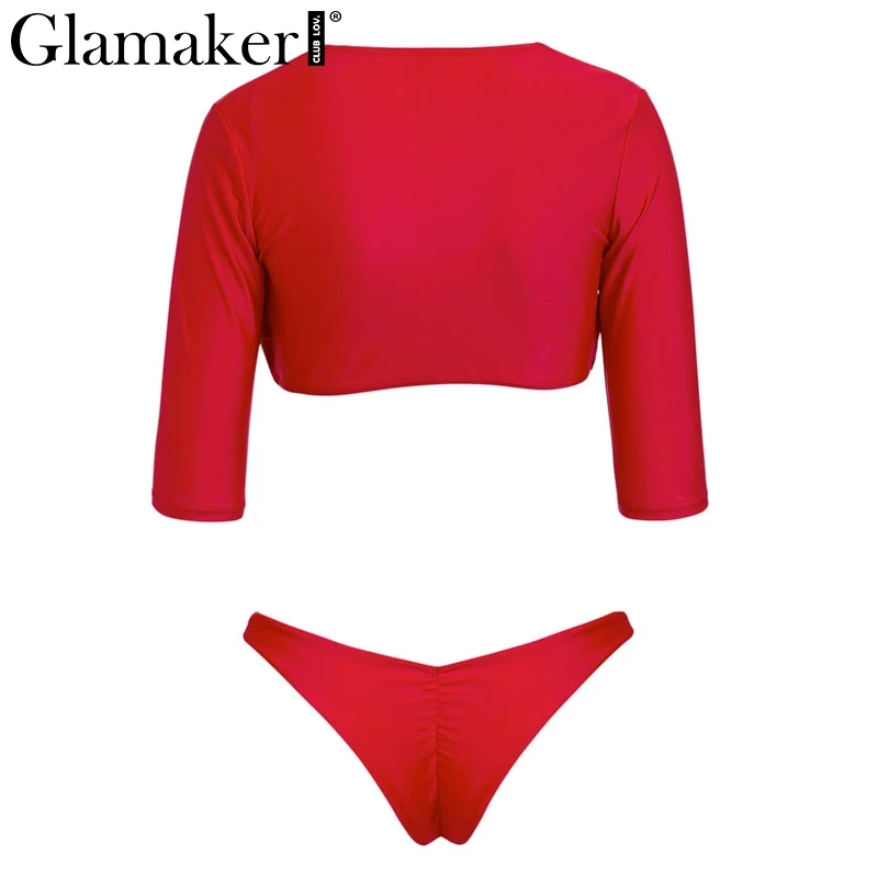 Glamaker, короткий рукав, сексуальный купальный костюм для женщин, высокая талия, шнуровка, купальник, набор, пуш-ап, женский купальник, v-образный вырез, купальник, купальный костюм