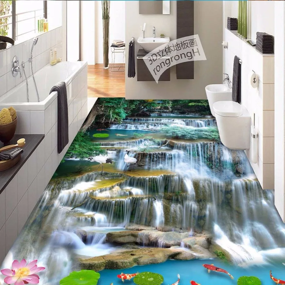 

Free Shipping high quality Waterfall Bathroom office kitchen bookstore non-slip floor wallpaper mural