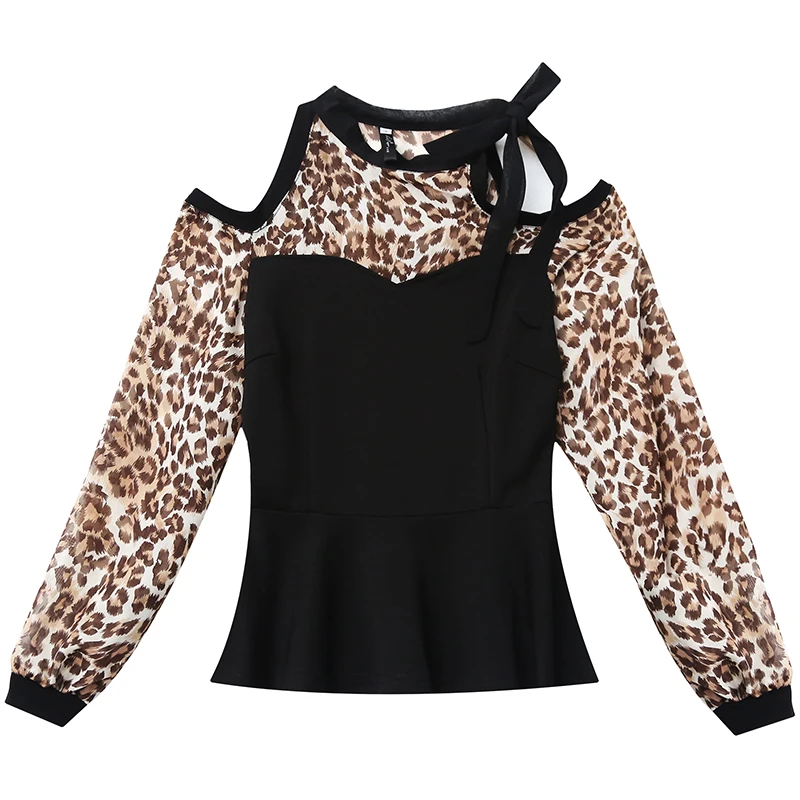 

Sexy Off Shoulder Leopard Blouse Womon Patchwork Pullover Chiffon Shirt 2019 New Spring Autumn Women Lantern Sleeve Tops T94002L