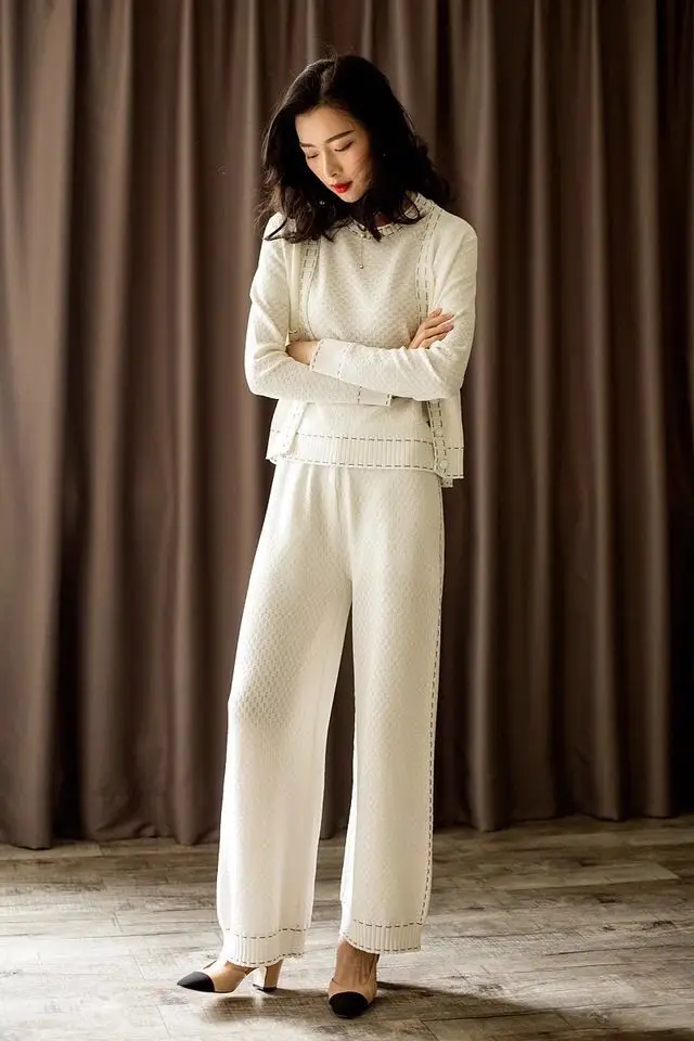 Temperament Sweater Wide leg pants 3 Piece Set female 2019 Autumn Winter New Jacquard Cardigan +short-sleeved Pullovers Sets |