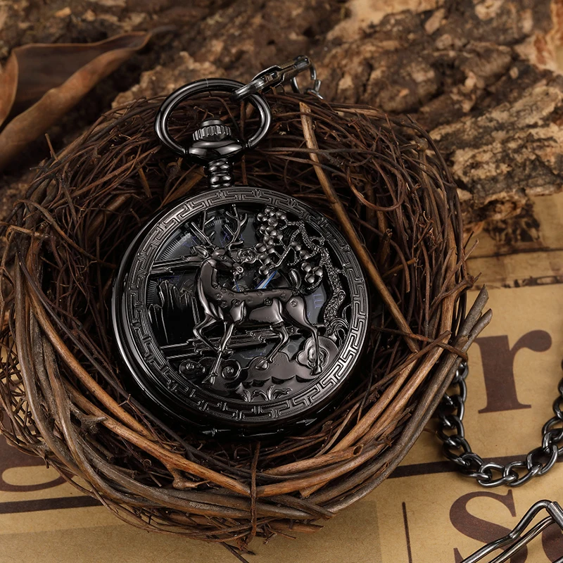 Vintage Deer Motif Hollow Hand-winding Pocket Watch Mechanical Double Cover Fob Chain Necklace Watches Steampunk Bronze Pendent | Наручные