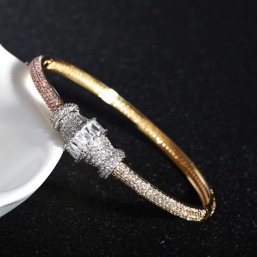 Blucome Luxury Classic Bangle Ring Sets Tricolor Zircon Copper Jewelry For Women Party Wedding Anniversary Accessories Gift | Украшения и