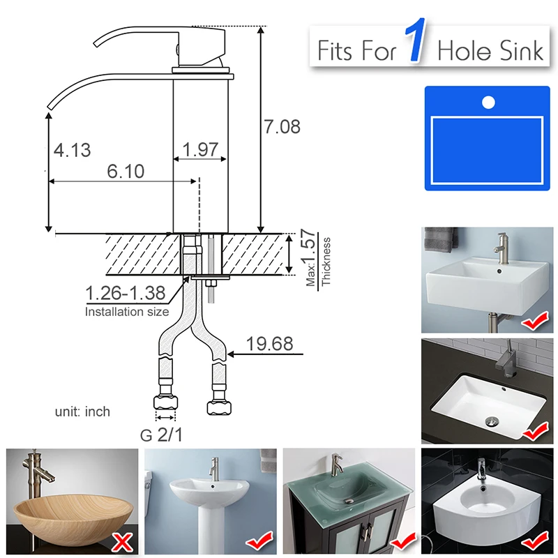 

ROVATE Lavatory Basin Vanity Sink Brass Faucet BlackWaterfall Bathroom Sink Tap Deck Mount Single Handle Single Hole