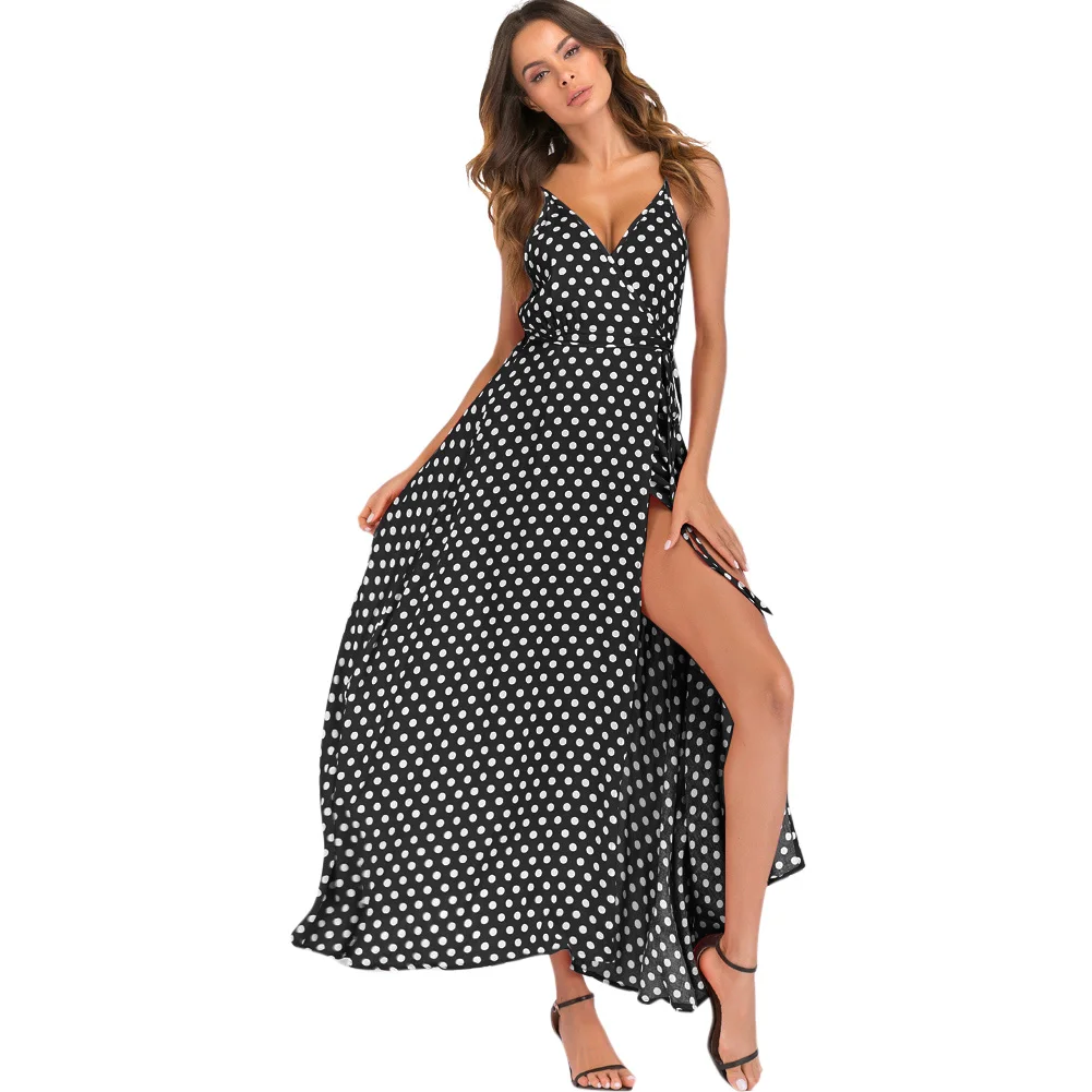 Платье женское пикантное в горошек длинный пляжный сарафан на бретелях-спагетти