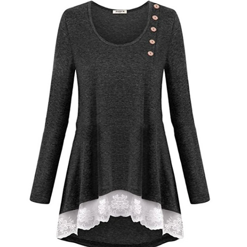 Весенне осенняя кружевная Лоскутная футболка женские топы на пуговицах Женская