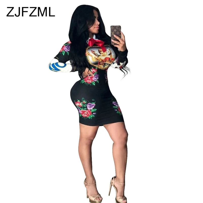 Cute Pattern Printed Peter pan Collar Sexy Women Dresses Long Sleeve Letter Party Dress Femme Club Floral Sheath Mini Robe | Женская