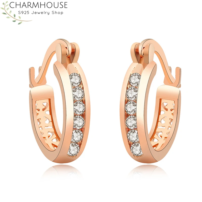 

Charmhouse Hoop Earrings for Women Rose Gold Color GP U Shape Zirconia Earing Brincos Femme Pendientes Wedding Bridal Jewelry