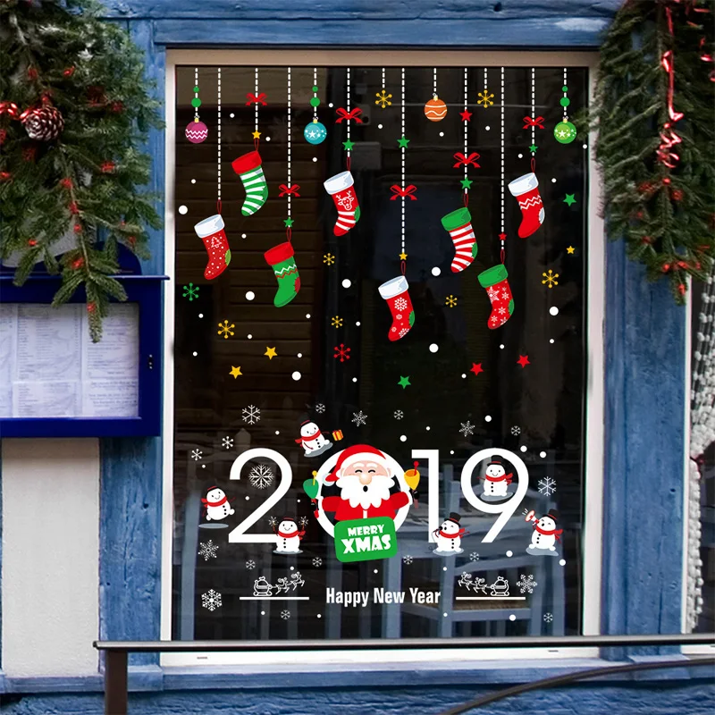 2019 Новогодняя Настенная Наклейка с мультяшным Санта Клаусом стеклянное окно для