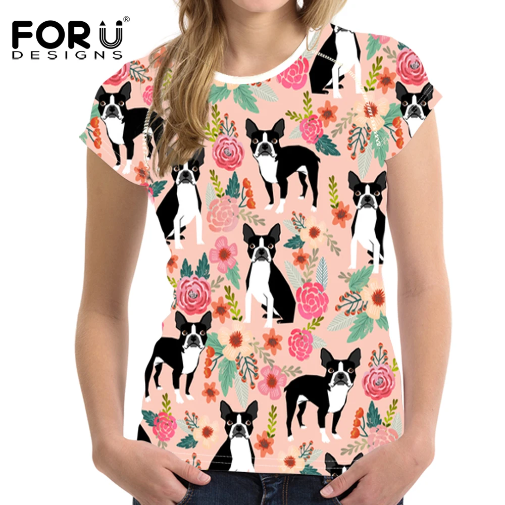 FORUDESIGNS T Shirt Women Boston Terrier Printing T-shirt Ladies O-neck Fashion Floral Tops Females Kawaii Tee shirt for Girls | Женская