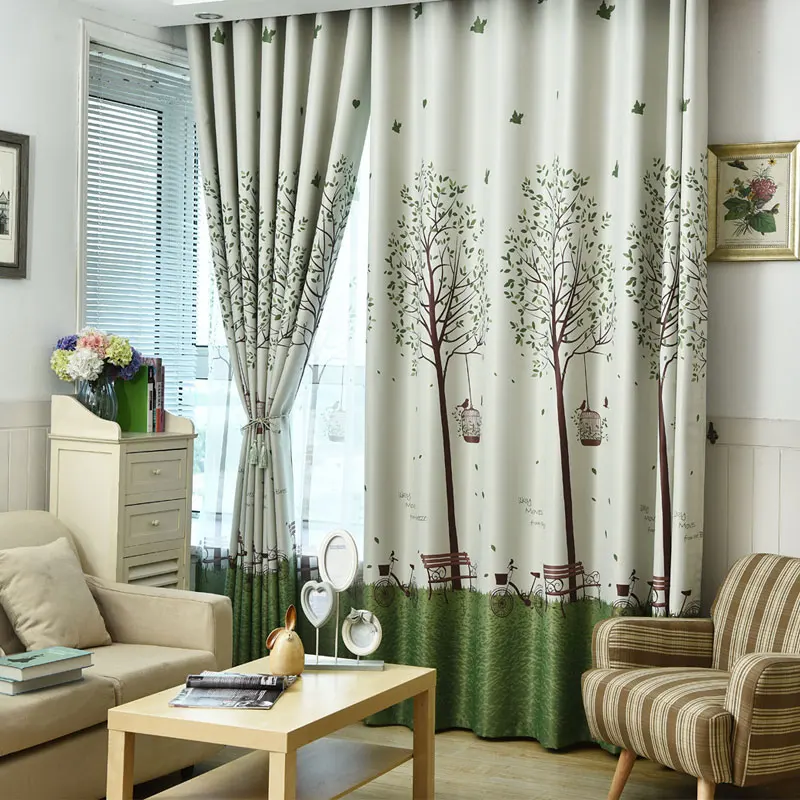Домашняя зеленая ткань тюль печать большое дерево занавески с птицами окно