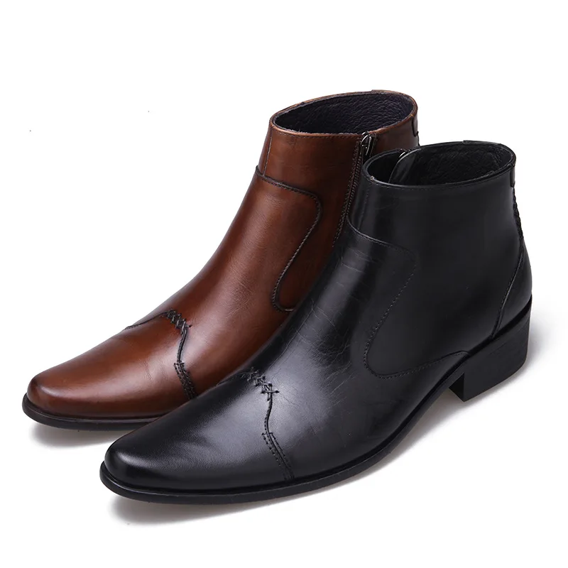 

Italian Business Men Pointed Toe Block Med Heels Formal Ankle Boots Luxury Genuine Leather Office Work Safety Shoes Boots