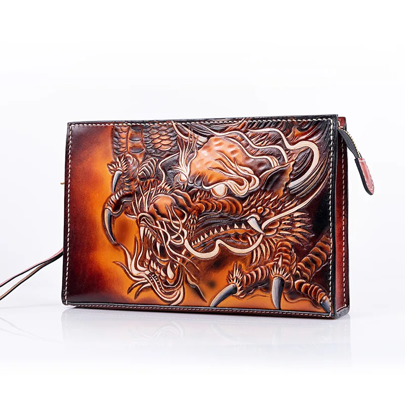 

Hand-made Men Vegetable Tanned Leather Bag Money Holder Chinese Dragon Clutch Purse Clutches Envelope Boyfriend Gifts