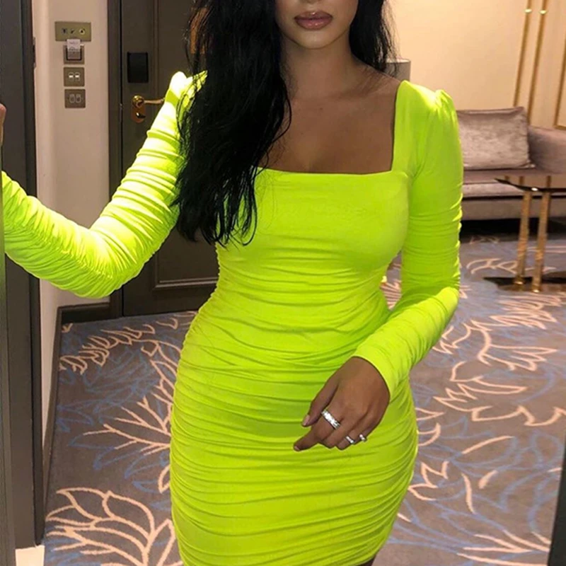 Женское облегающее платье с квадратным воротником и длинным рукавом женские