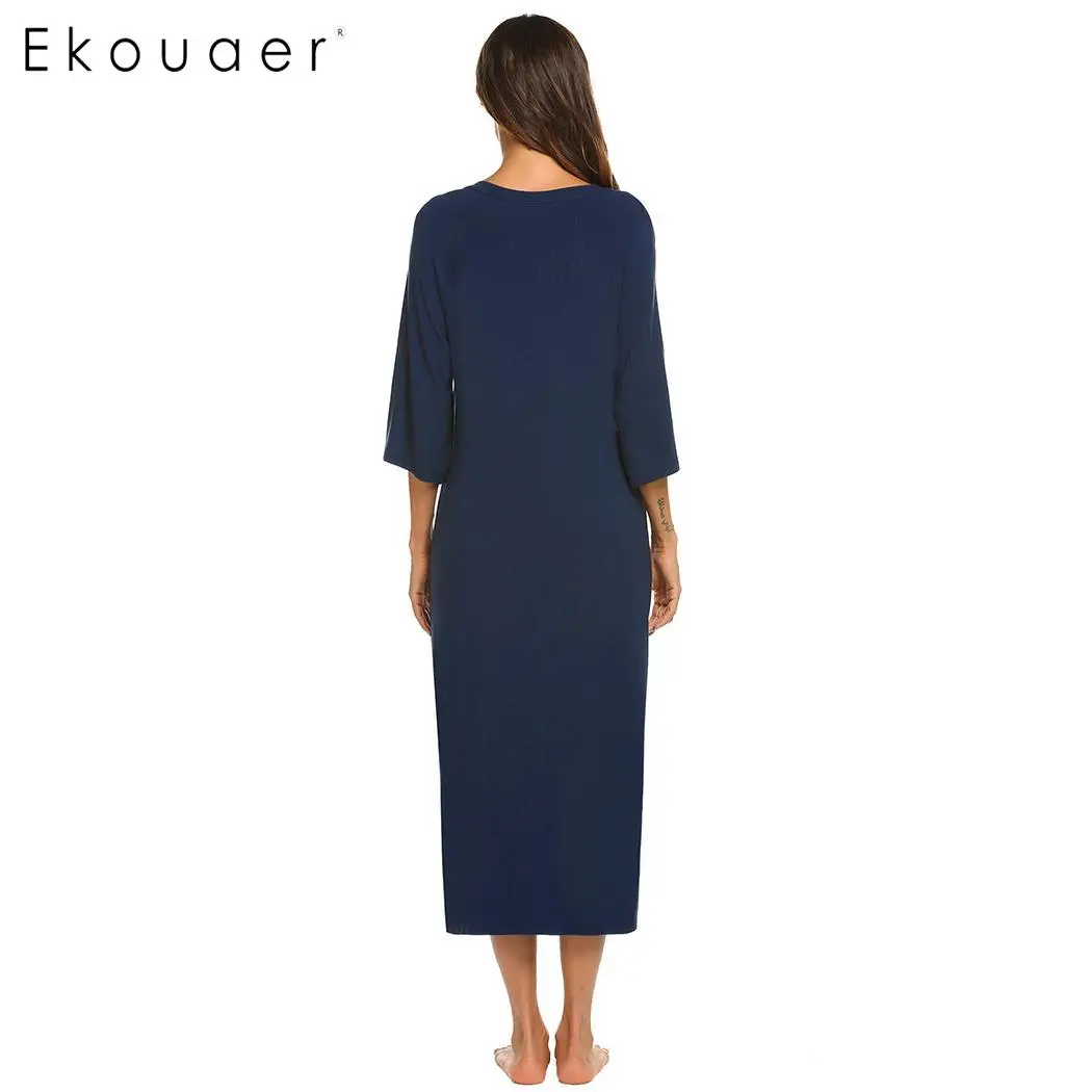 Ekouaer Women Long Sleep Dress Nightdress V-Neck 3/4 Sleeve Solid Pocket Nightgown Lady Loose Sleepshirts Nightwear Plus Size | Женская