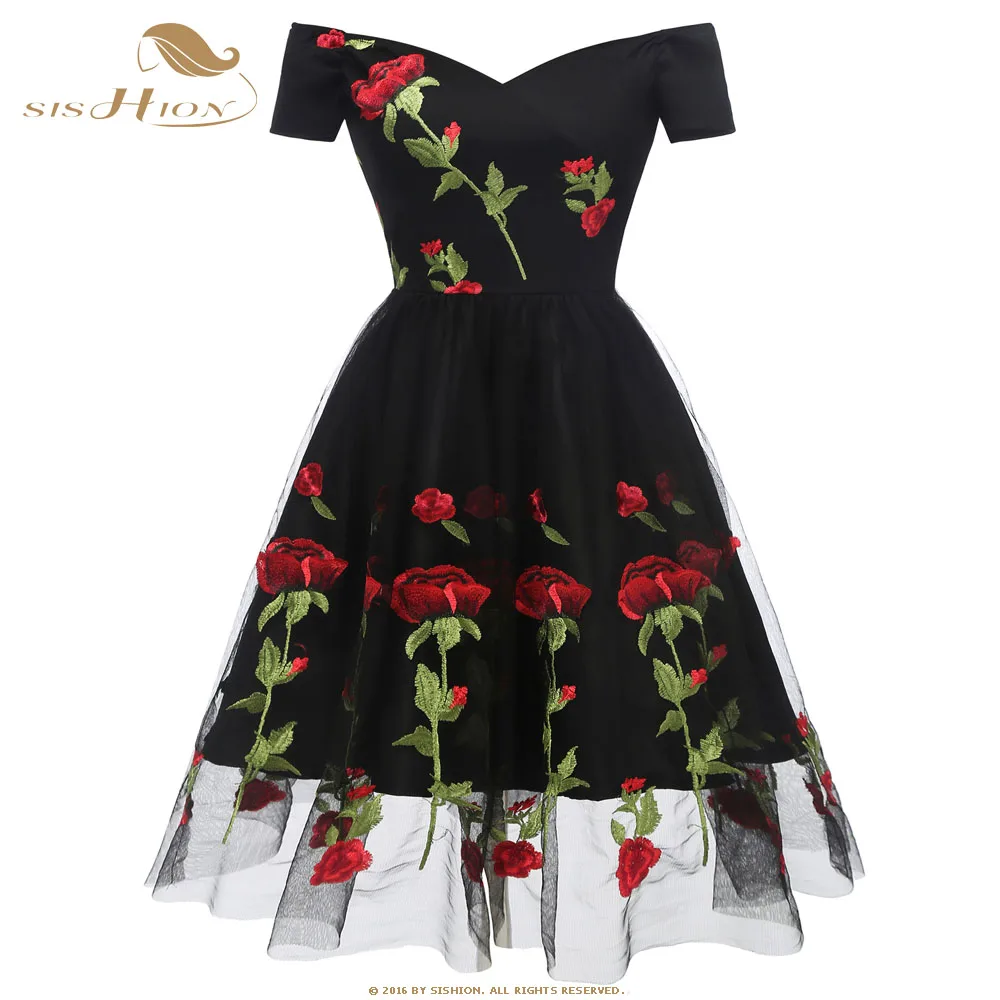 SISHION Summer Dress 2021 Elegant Short Sleeve Rose Embroidery Floral Beach Sexy Women Lace Black Club Party Dresses VD0715