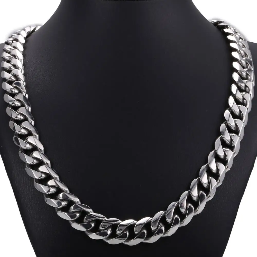 

14.5mm Heavy Polished Silver color Tone Cut Curb Cuban Mens Chain 316L Stainless Steel Necklace Clasp HN48
