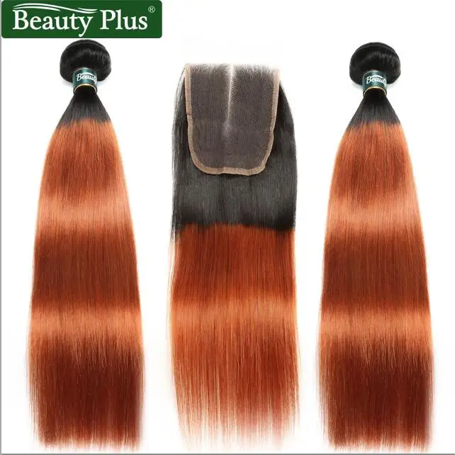 Ombre Bundles With Closure Peruvian Straight Human Hair Weave Beauty Plus Nonremy Blue Green Pink Blonde 2 Bundles With Closure - Цвет: 1B Orange