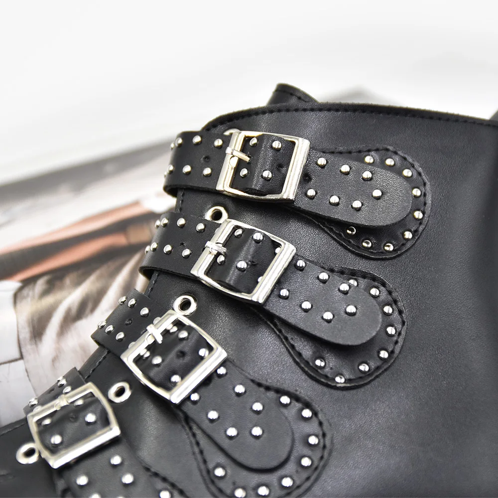 2017 Женская обувь черного цвета с ремешком и пряжкой в стиле панк ботильоны из