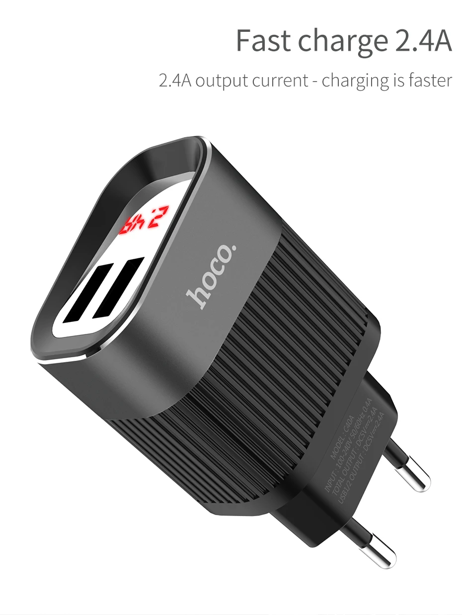 HOCO двойной USB зарядное устройство ЕС США Великобритания вилка адаптер путешествия настенное зарядное устройство с светодиодный дисплей для iPhone Xiaomi huawei samsung мобильный телефон