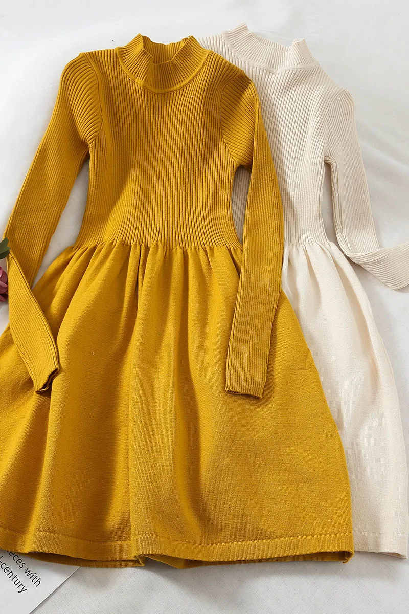 Новинка 2019 модные женские вязаные платья зимний тонкий свитер с высоким