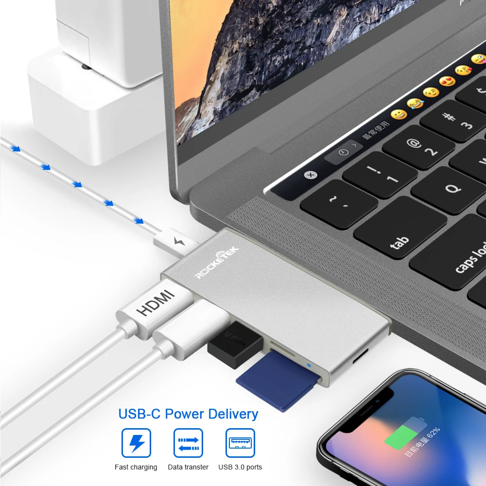 Адаптер Rocketek multi type c 3 0 2 usb хаб HDMI 4K с SD TF кардридером для MacBook pro аксессуары