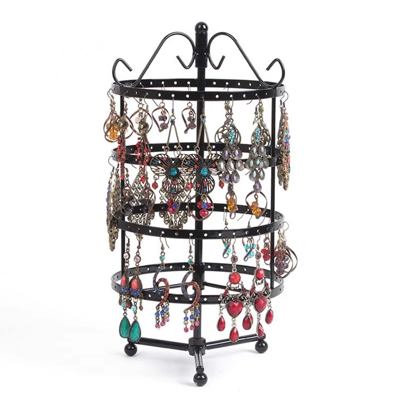 

144 Holes Round Revolving Jewelry Display Rack for Earring Holder Black Metal Necklace Organizer Stand