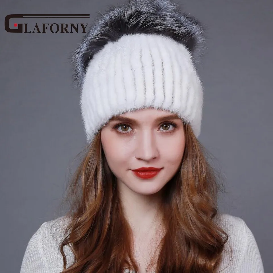 Glaforny 2017 Новый стиль Женская зимняя вязаная норковая меховая шапка с помпонами из