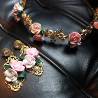 europe and american style new vintage flower hairband baroque headband metal flower pearl earrings jewelry