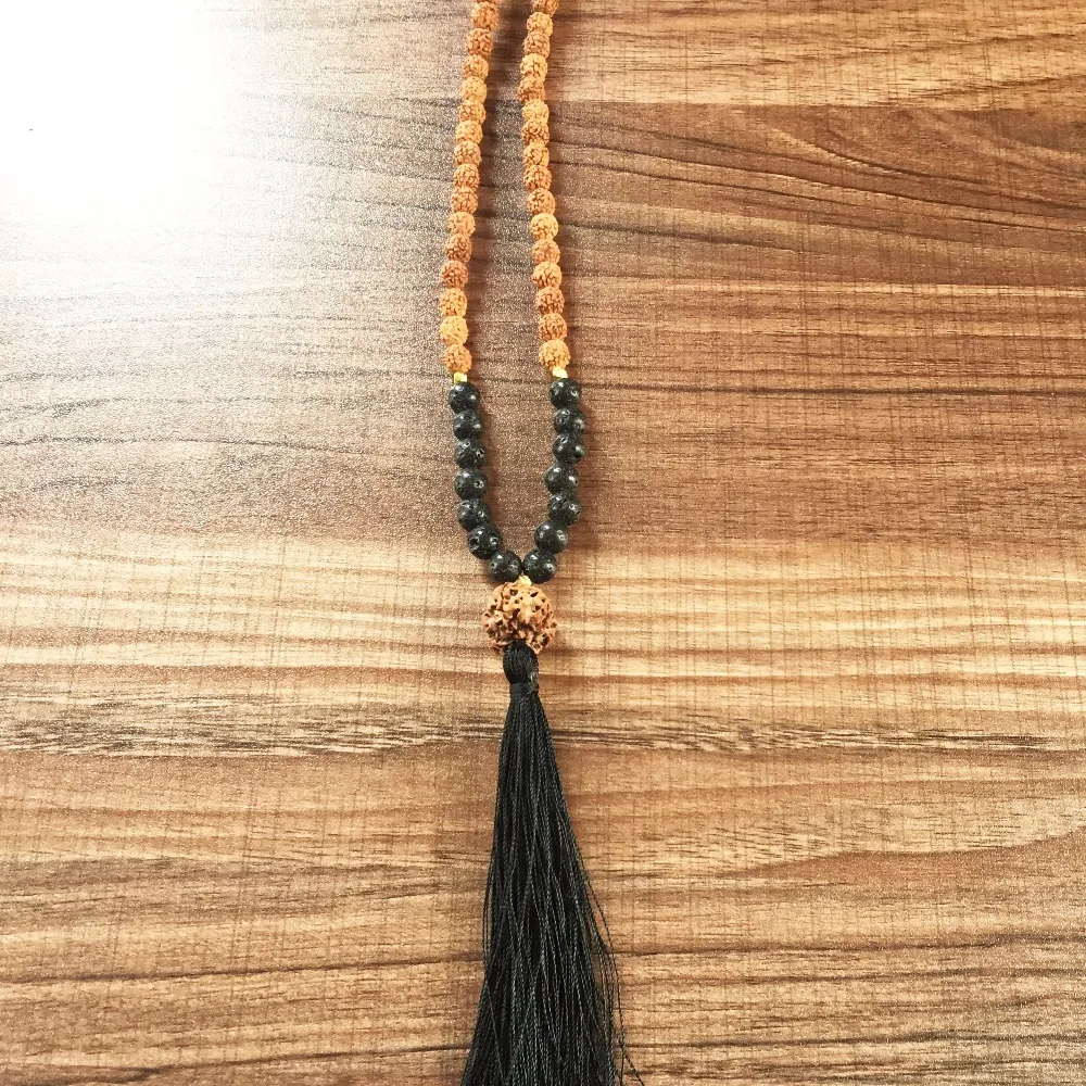 Lava Stone 108 Mala бусы Сердце ожерелье чакры Йога Медитация Rudraksha молитва богемный