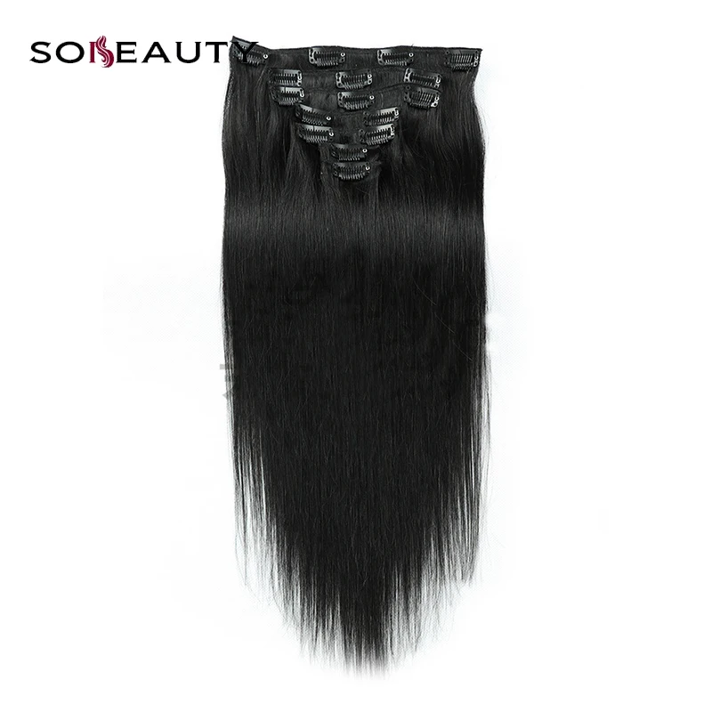 Sobeauty шелковистые прямые волосы Remy для наращивания на заколках 100% человеческие 1B