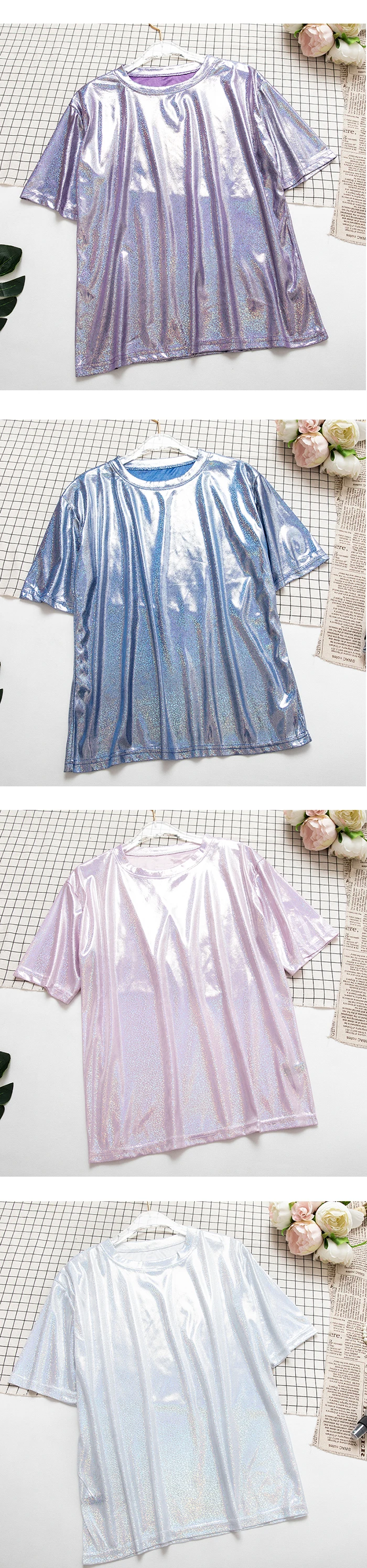 Gowyimmes Лето корейской версии женские красивые Блестящая футболка одноцветное BLING блестящие футболки для девочек футболки с коротким рукавом Топы пуловеры W289