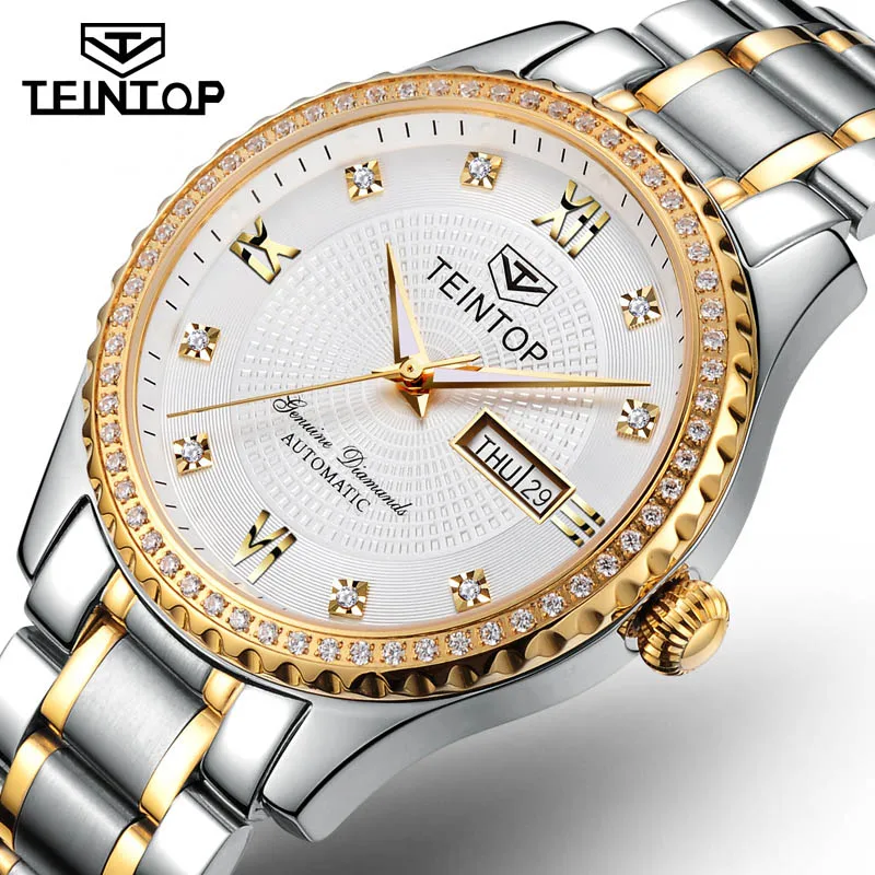 TEINTOP модные автоматические женские часы, золотые полностью стальные механические часы с бриллиантами, женское платье, relojes femeninos - Цвет: Gold White Men