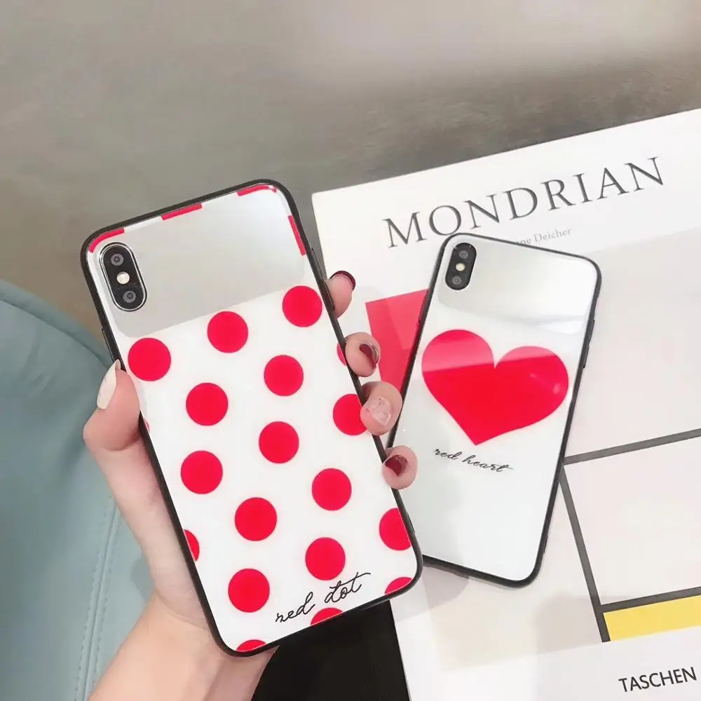 Модный чехол с закаленным стеклом и красными точками для iPhone X XS Max Xr Hard Capa Fundas 8 7 6S Plus Makeup Mirror Casel.