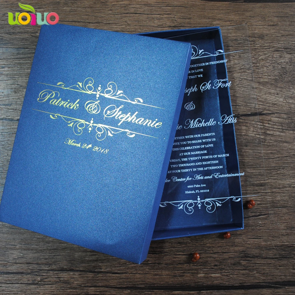 

10pcs Clear Acrylic Card With Printed Box Custom Acrylic Wedding Invitation Card and Satin
