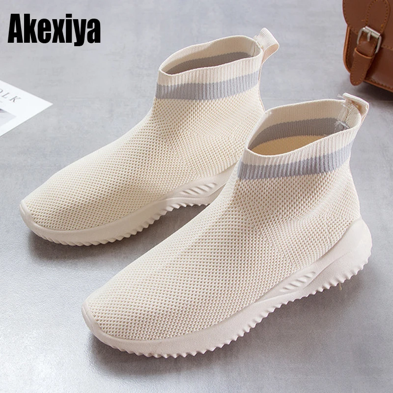 2019 женские кроссовки модные носки повседневные Бежевые Осенняя трикотажная